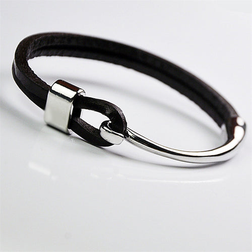 Black Leather Bracelet with Stainless Steel Hook